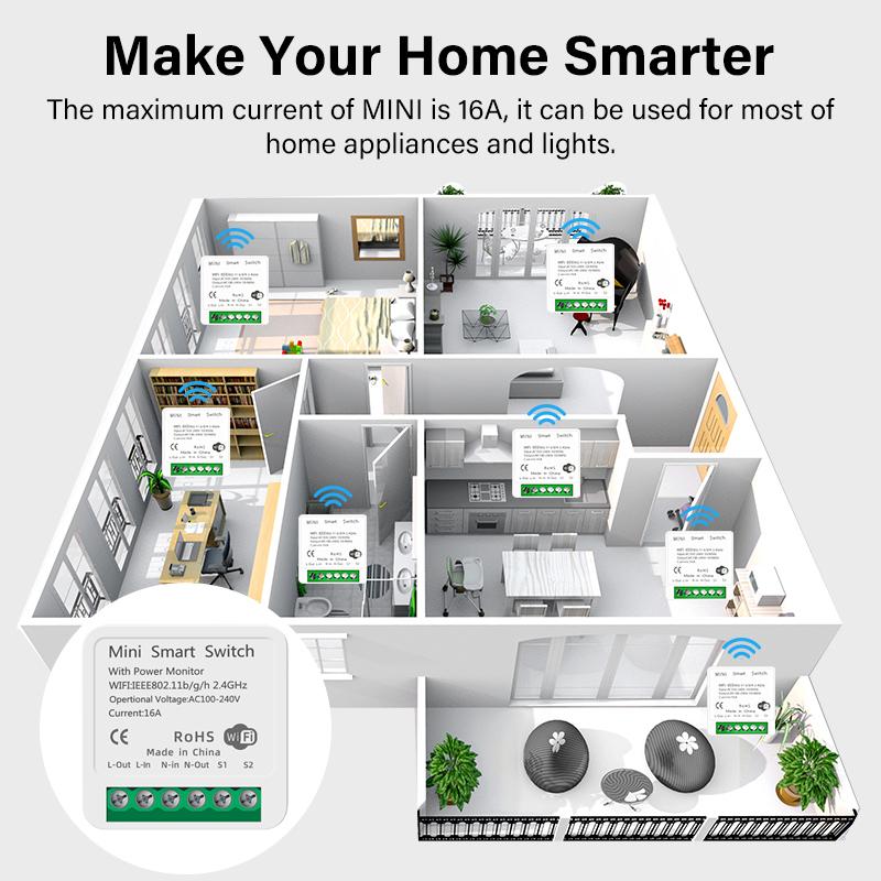 16A Tuya WiFi Smart Switch Support 2-way Control Mini Smart Breaker Smart Life APP Control Voice Works with Alexa Google Home