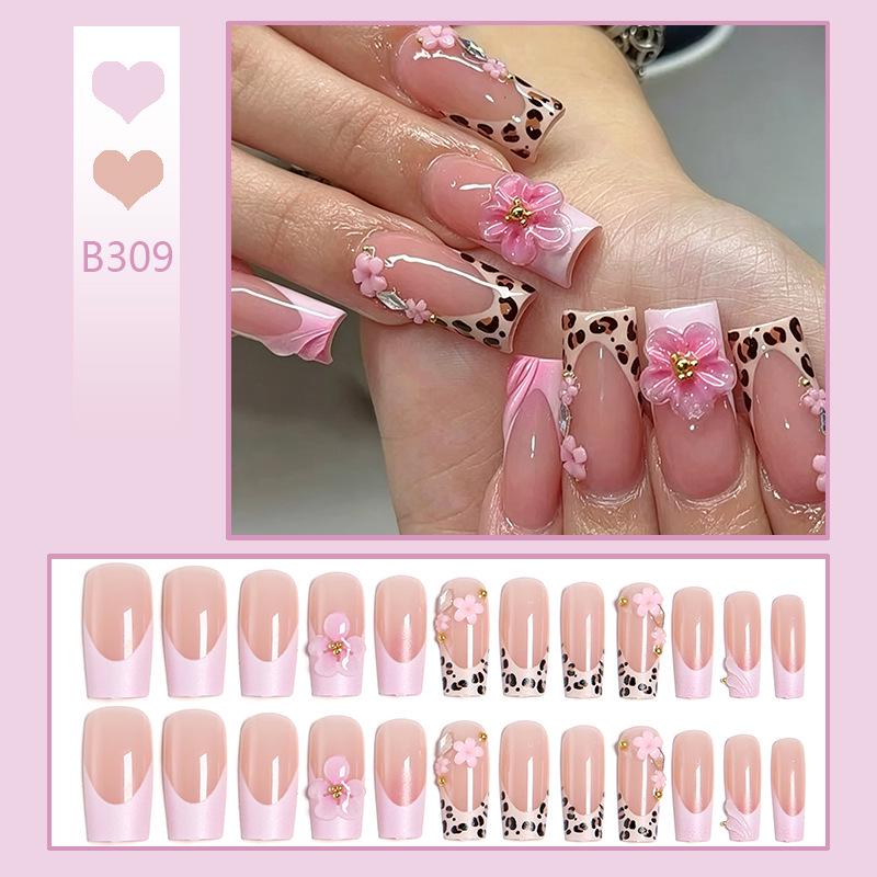 3D Pink Flower Leopard Print Detachable Wearable Nail Tips - European & American Design