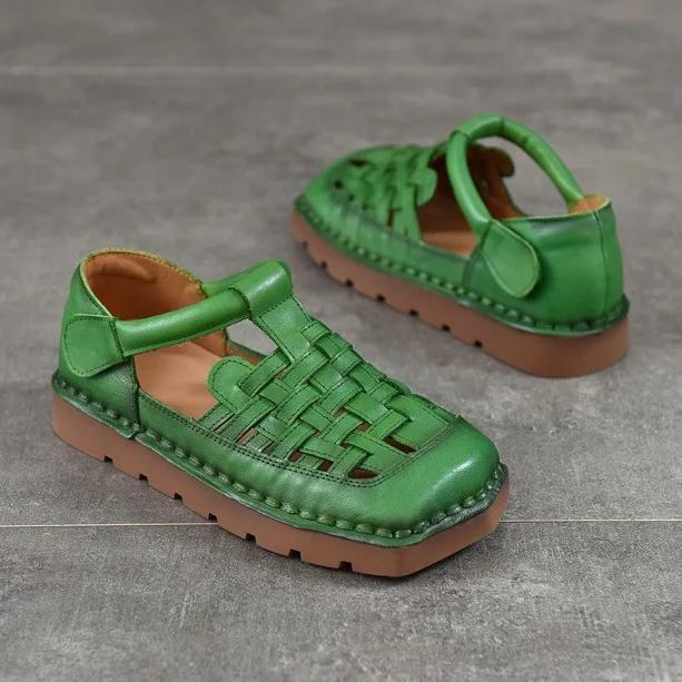 Johnature Genuine Leather Woven Breathable Flat Sandals Square Toe Soft Sole Versatile Women's Shoes