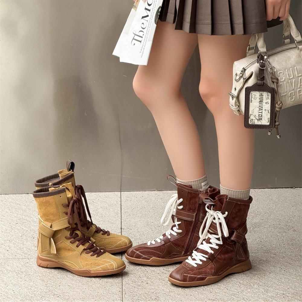 Retro leather boxing boots women's summer 2025 new British style Martin boots thick-soled German training boots medium boots