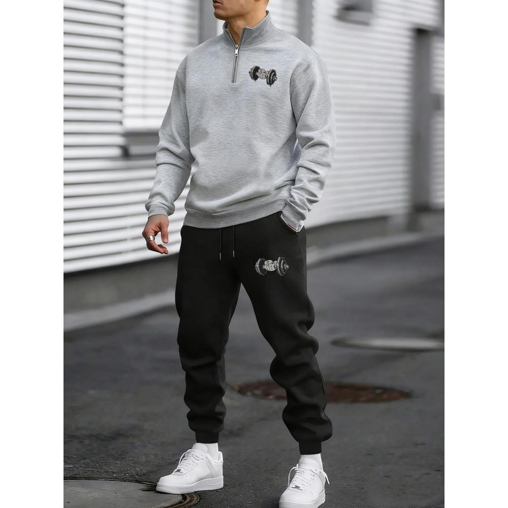 

Men s Fitness Printed Dumbbell Zipper Sports Shirt and Pants Two Piece Set, Autumn and Winter Casual Sportswear, Trendy and Cool Set S