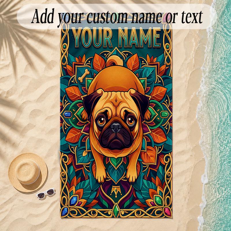 Pug Theme Soft Beach Towel Personalized Custom Name Text Towel Portable for Beach Pool Travel