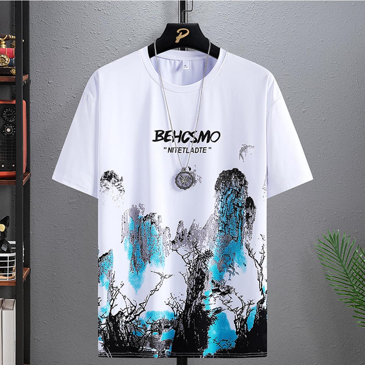 Summer Casual T-shirt with Chinese Classic Ink Painting Print Round Neck Fashionable Hip-hop Street Enthusiast Short Sleeved Shirt XXS