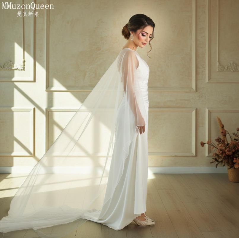 Beaded Edge Tulle Cape Train Shawl Front Short Back Long Sheer Bridal Wrap White & Black For Strapless Wedding Gown Evening Party Photoshoot
