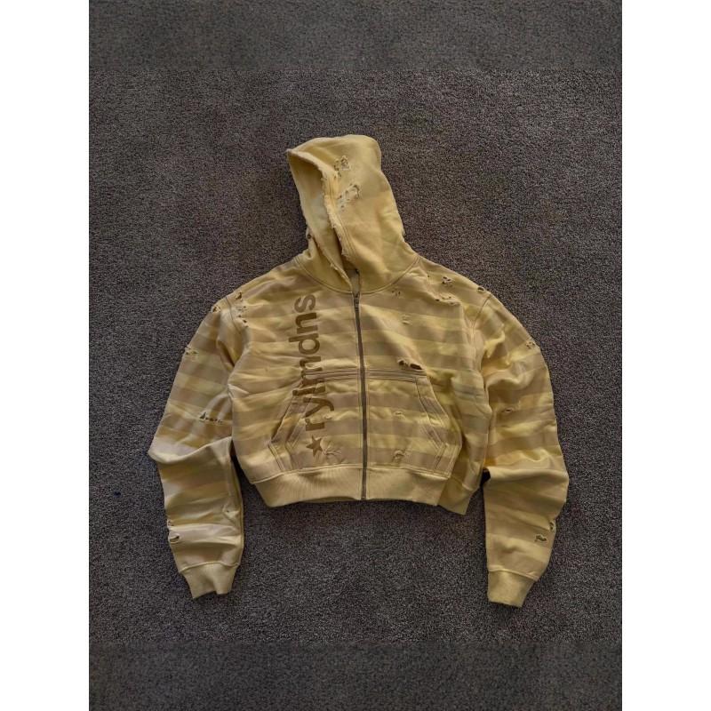 Y2K Striped Distressed Cropped Hooded Zip-Up Sweatshirt American Vintage Letter Print Unisex