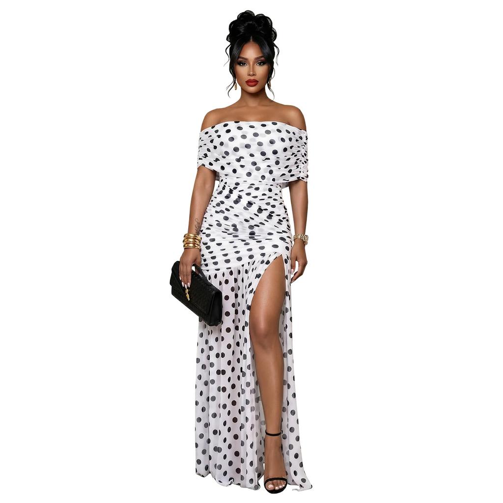 C European and American fashion women's clothing polka dot split pleated vacation hip dress