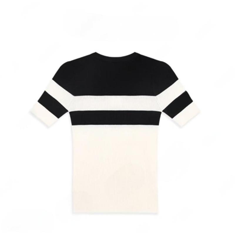 2026 Spring Black and White Striped Slim Fit Short Sleeve Knit Top
