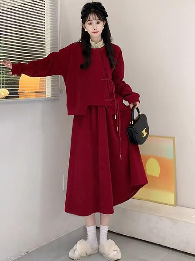 

Осень 2025 Женский флисовый свитшот на пуговицах-лягушках в китайском стиле и комплект юбки миди XXXL