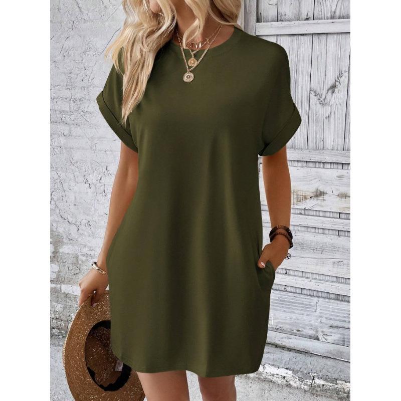 Women's Spring and Summer New Solid Color Round Neck Loose Short-sleeved Pocket Dress