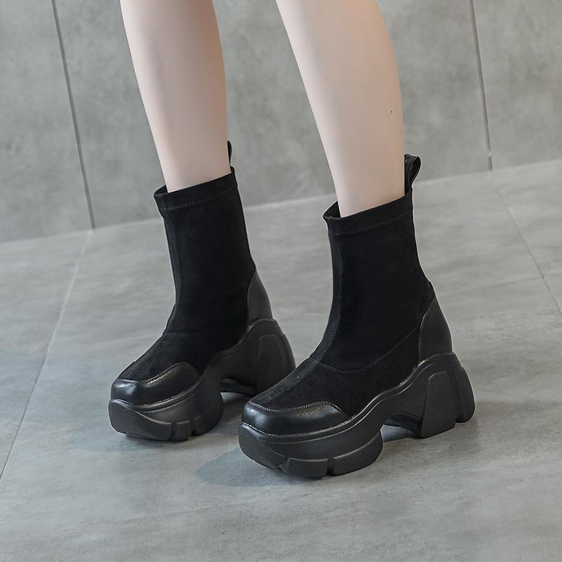 Black Stretch Boots Autumn New Inner Height Increase Breathable High Heel Short Boots Thin Boots Women's Socks Boots