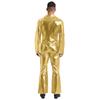 Mens 70s Disco Jumpsuit Metallic Shiny Design Lapel Flare Sleeve Front Zipper Wide Leg Pants