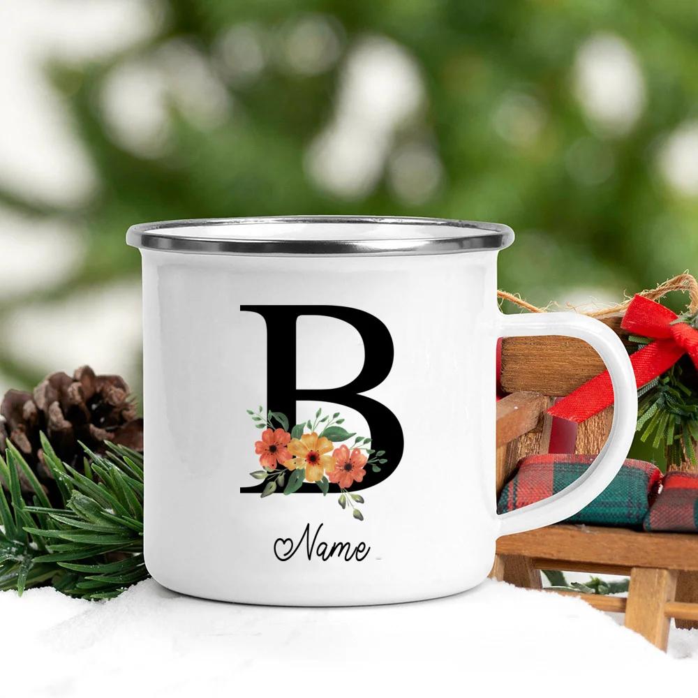 Personalisierte Namens Emailletasse Benutzerdefinierte Blume Buchstabe Alphabet Tasse Camping Henkel Kaffee Tee Milch Tassen Festliche Geburtstagsgeschenke