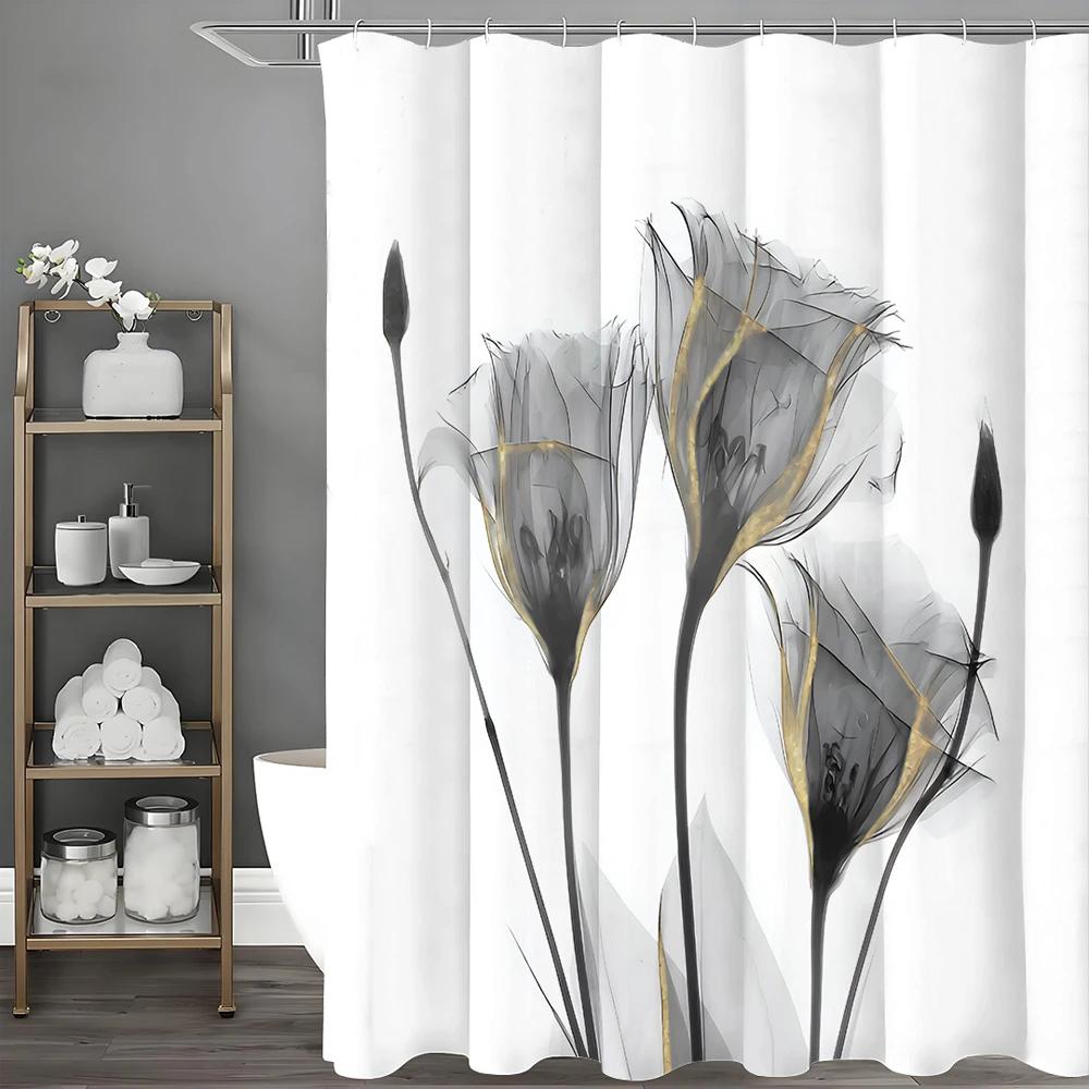 Perdea de duș decorativă florală gri, perdea de duș decorativă pentru baie cu 12 cârlige perdea de duș impermeabilă 180x180cm
