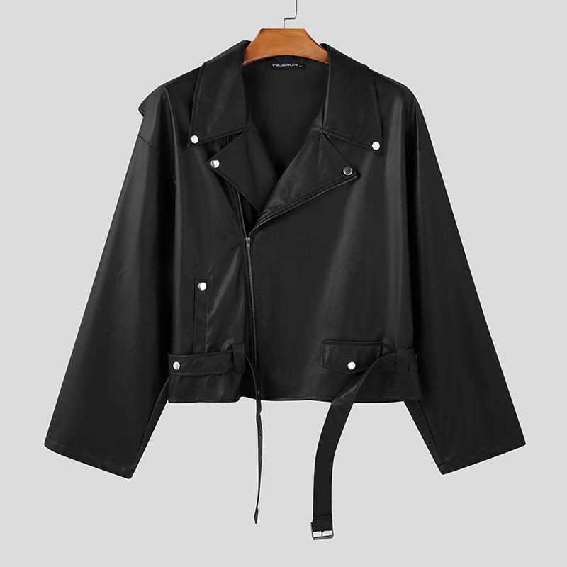 INCERUN Oversized Men Lapel Neck Long Sleeve Side Zipper Leather PU Coats Vintage Jackets