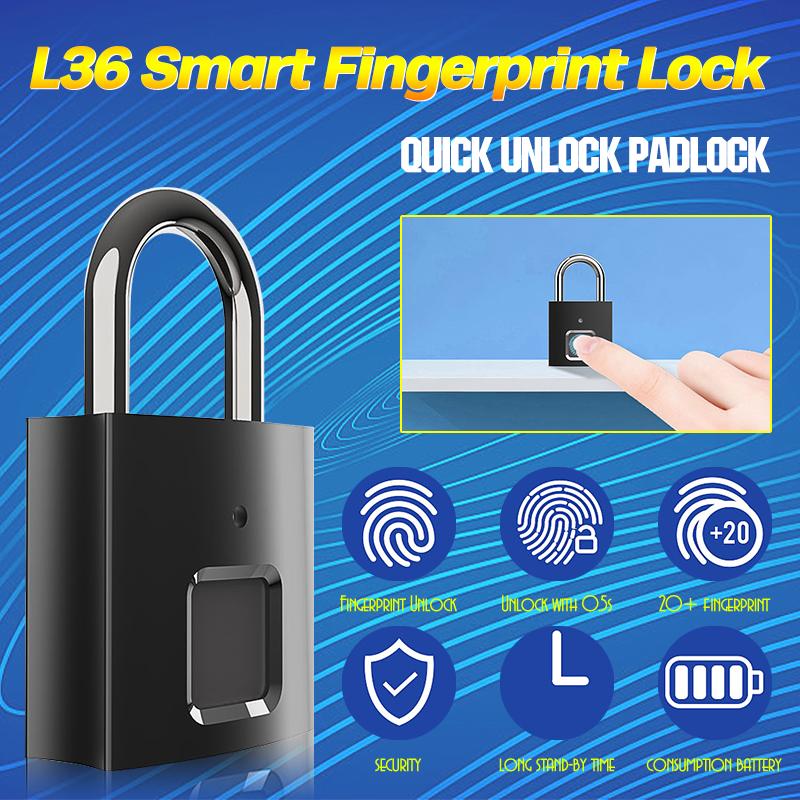 L36 Smart Fingerprint Lock Rechargeable Door Keyless Quick Unlock Padlock black#0