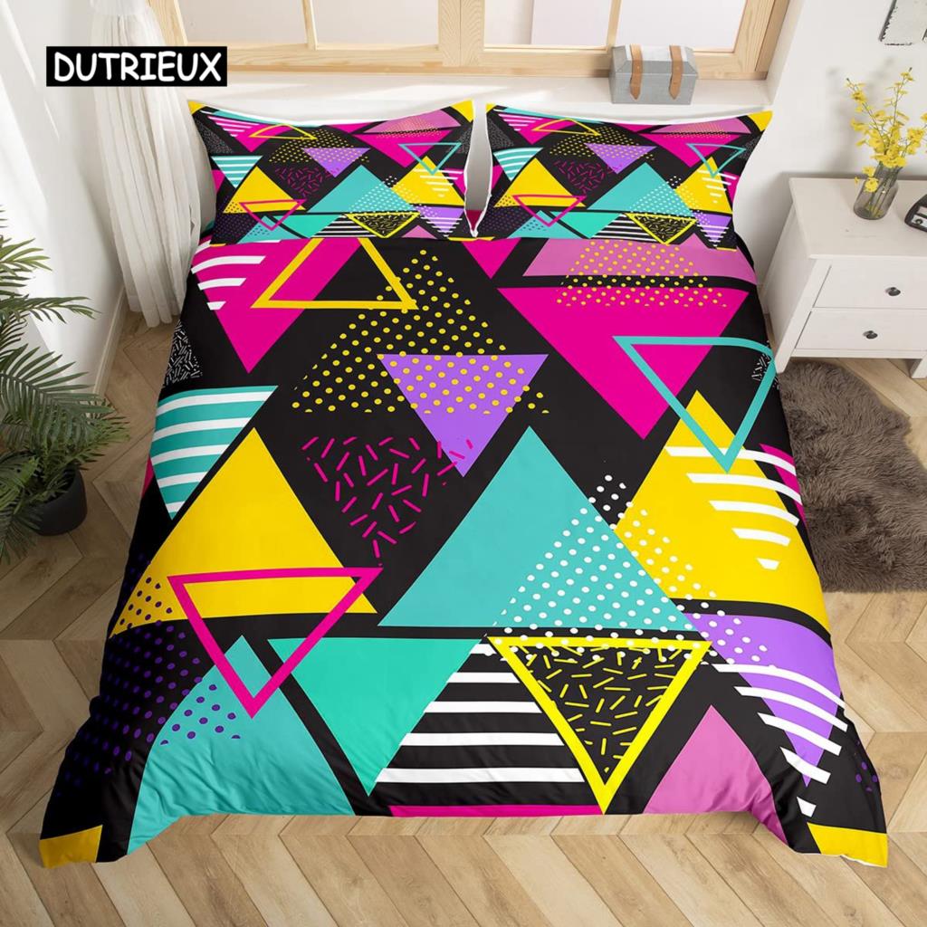 Set Husă Plapumă Geometrie King Albastru Alb Negru Triunghiuri Dungat Set Lenjerie de Pat Poliester Vintage Desenat Manual Dungă Groasă Husă Plapumă