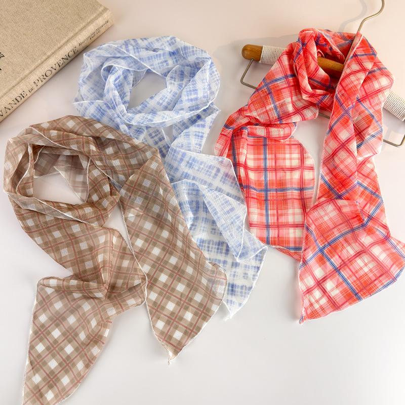 Korean Long Scarves Plaid Floral Print Lightweight Lace Mesh Scarf Versatile Neck Accessory Hair Scarf Neckerchief