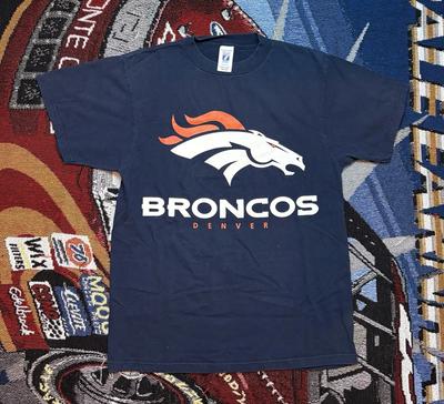 Maglietta Vintage Denver Broncos Logo 7 Media Blu NFL Football T-shirt Anni '90