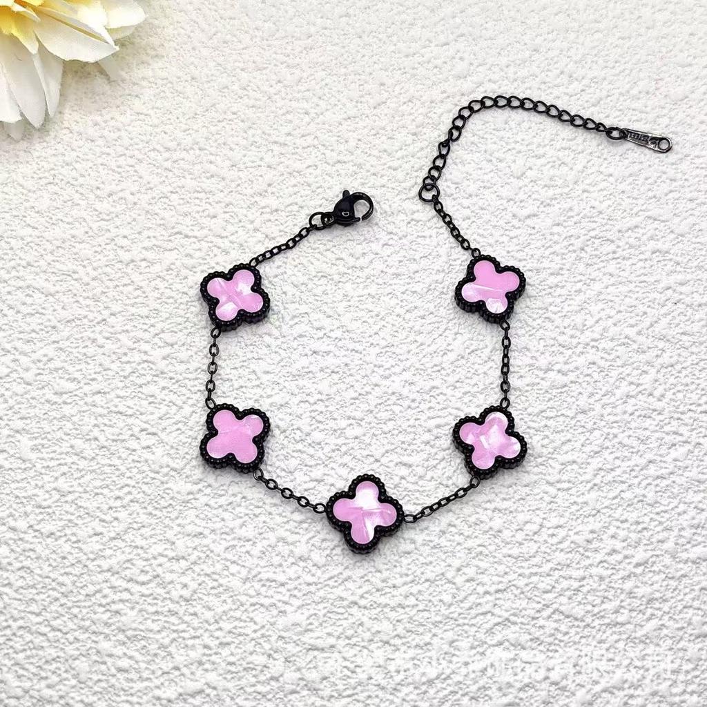 New Four-Leaf Clover Bracelet: Light Luxury, Simple Black & Colorful Stainless Steel Multi-Flower Jewelry, Fade-Resistant, Versatile Fashion Piece