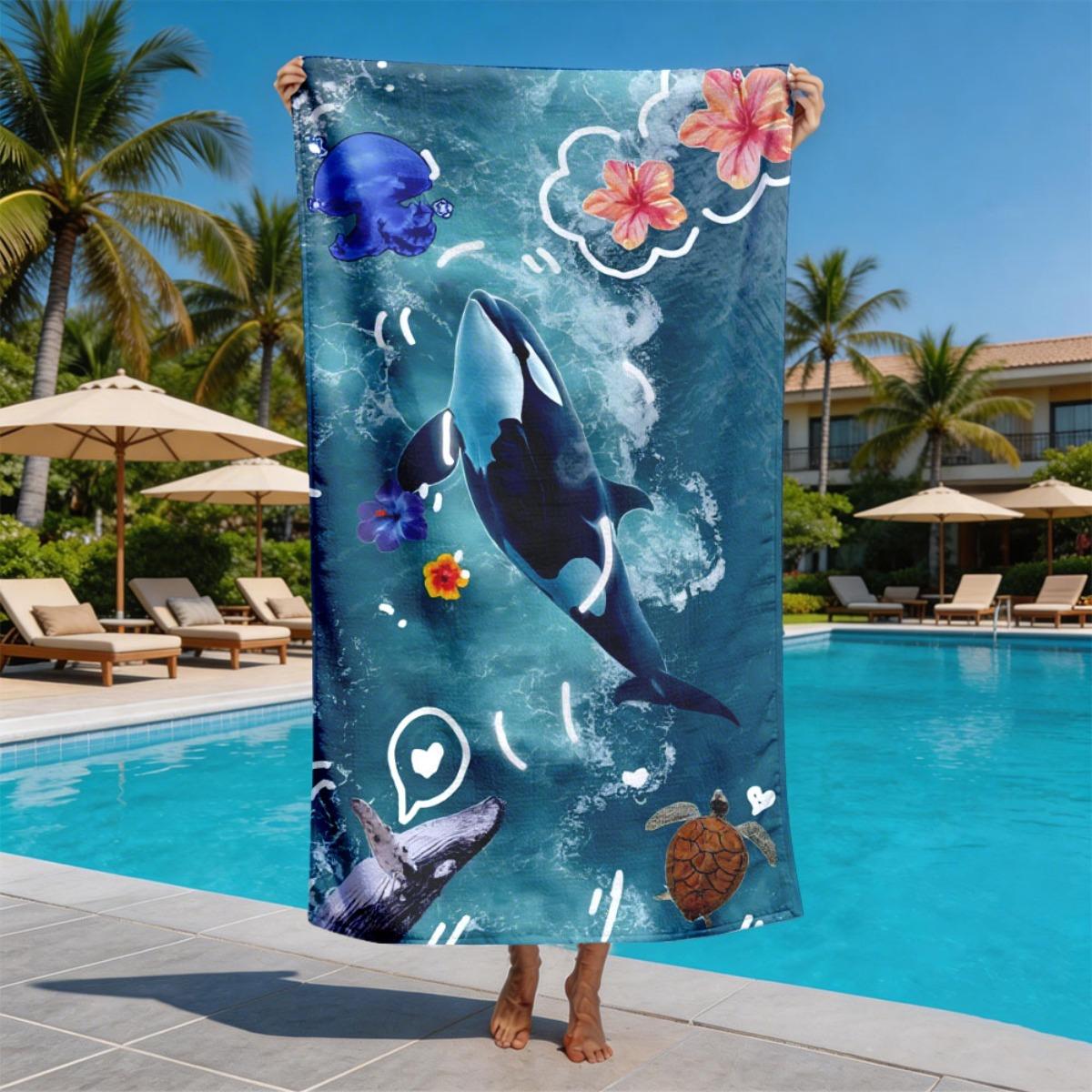 

Orca leaping in tropical flower theme polyester microfiber beach towel is highly absorbent, suitable for swimming beach outings W40*H60(CM)
