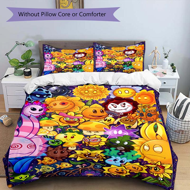 3pcs Duvet Cover Set (1*Duvet Cover + 2*Pillowcase, Without Core), Plants vs. Zombies Print Bedding Set, Bedroom Decor, All‑Season, Birthday Gift
