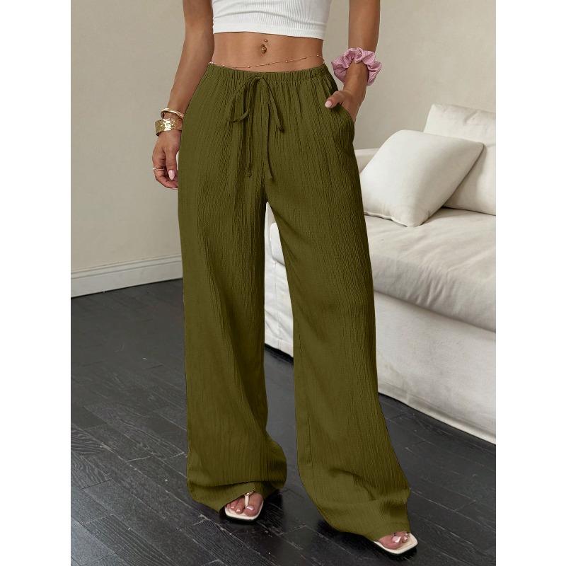 Sommer Damenhose Lässig Einfarbige Schnürung Elastische Taille Tasche Weiter Bein Hosen
