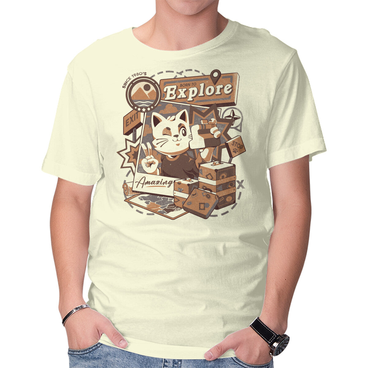 Unisex Crew Neck T-Shirt Explore The World Graphic Short Sleeve Casual Tee M
