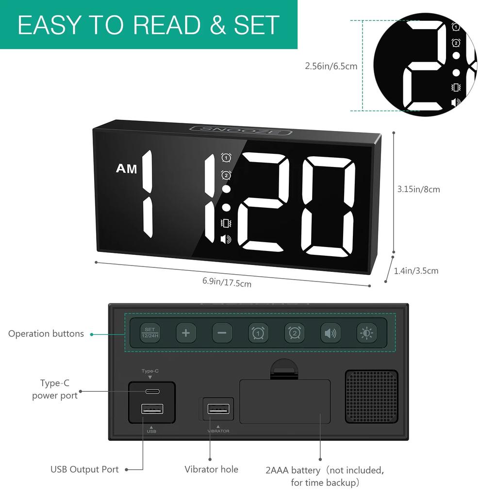 Vibrating alarm clock 7.5'' large display LED LED clock loud alarm clock with bed shaker for heavy sleepers hearing