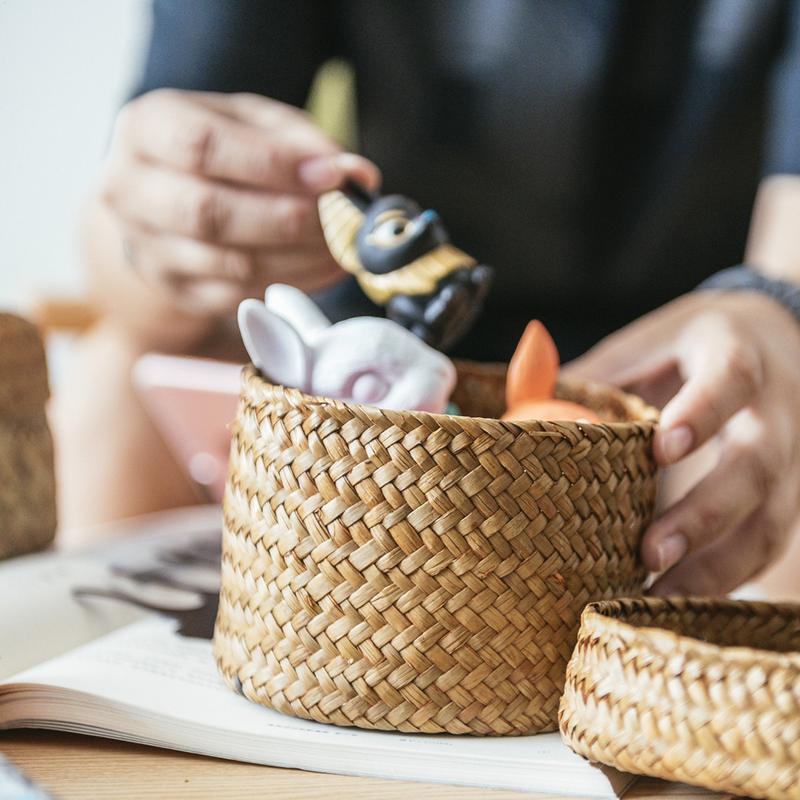 Weaving Snack Storage Box Jute Sundries Storage Baskets With Lids Wardrobe Table Round Gift Box Wicker Organizer Case