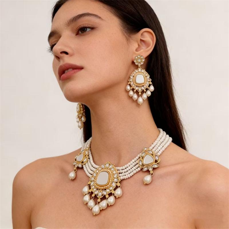Vintage Waterdrop Pendant Multi-layer Simulation Pearl Necklace Bridal Choker Chain Earrings