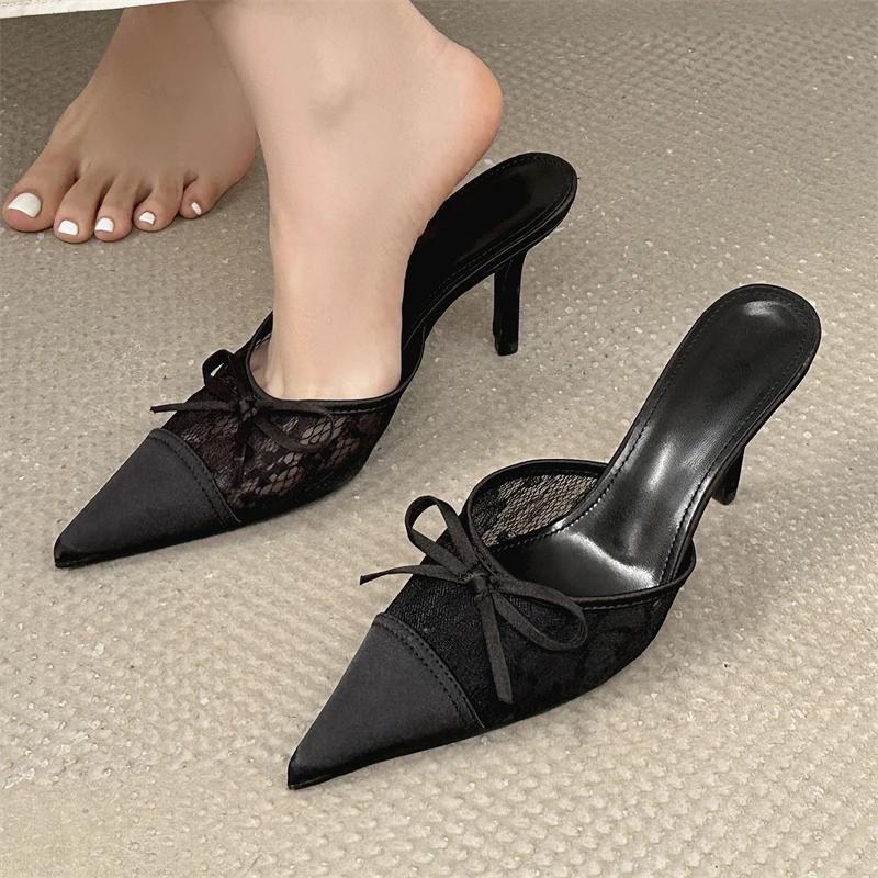 Fashion Eilyken Elegant Mesh Fabric Butterfly-knot Pointed Toe Slippers Women Sexy Thin Heels Party Prom Mule Shoes