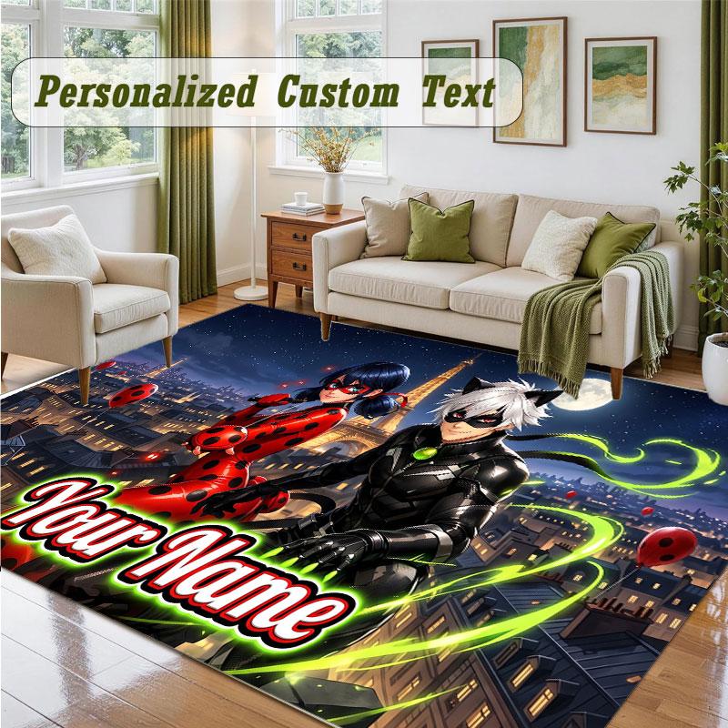 Crystal Velvet Square Rug Custom NameMiraculous Ladybug Pattern Non Slip Home Floor Decor Rug