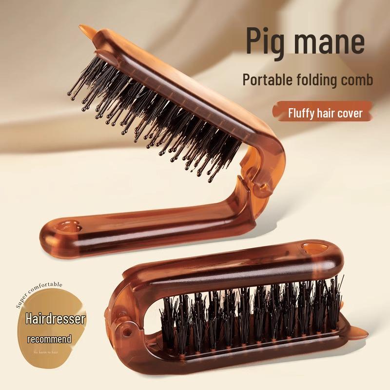 Portable Dual-Use Boar Bristle Brush for Straight & Curly Hair - Compact Massage Comb for Men & Women