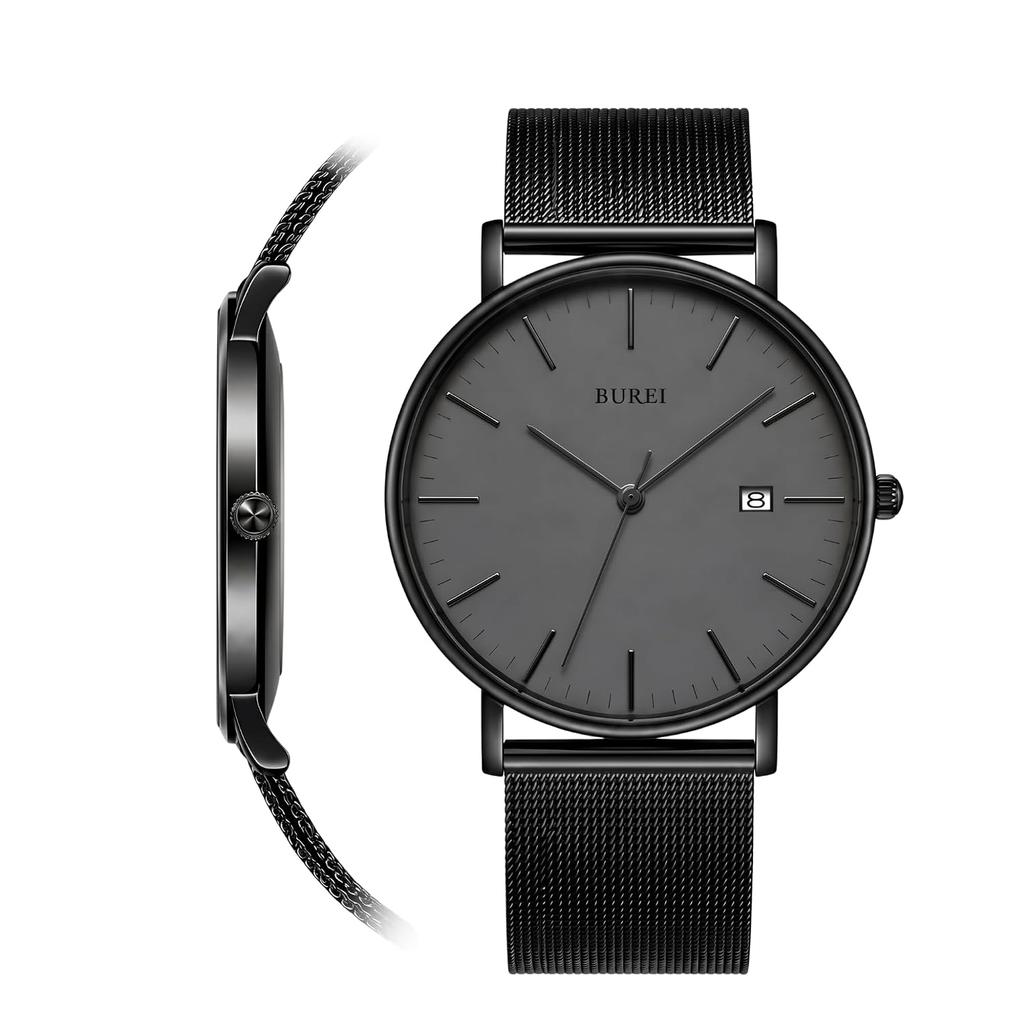 BUREI Mens Watch Simple Waterproof Analog Popular Wristwatch Brand Stylish Milanese Mesh Belt (Dark Gray)