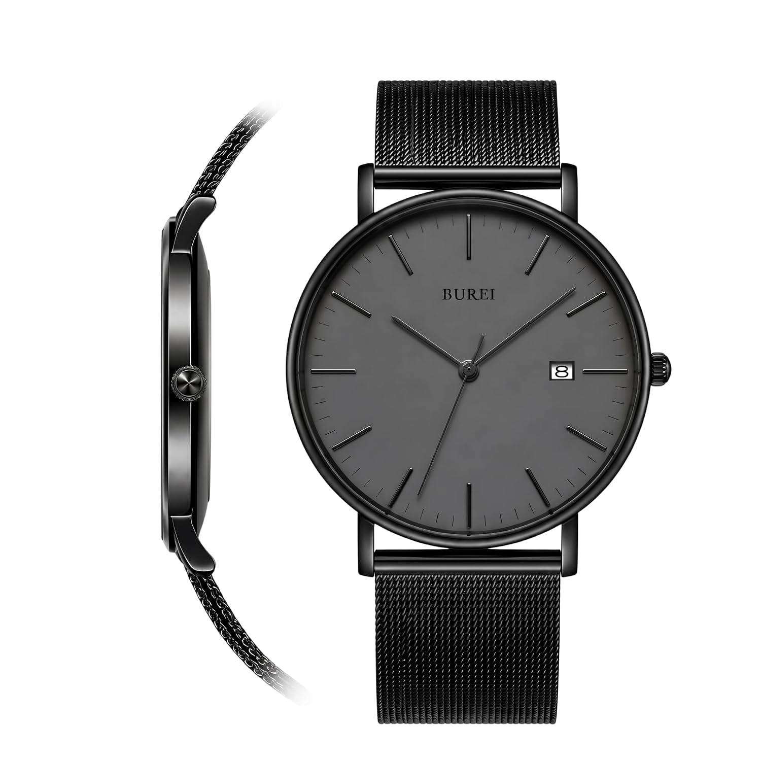 BUREI Mens Watch Simple Waterproof Analog Popular Wristwatch Brand Stylish Milanese Mesh Belt (Dark Gray)