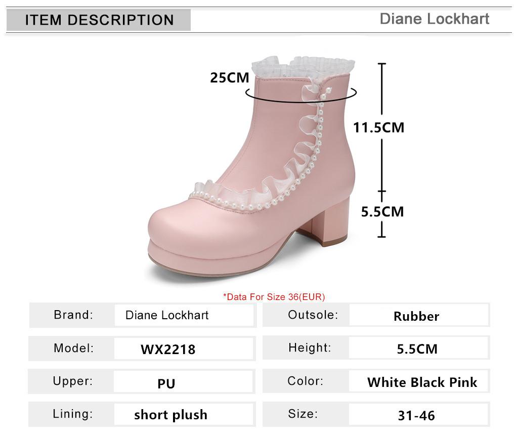 Fashion Ladies Ankle Boots Women Shoes Sweet Lace String Bead Lolita Lovely Cosplay Platform Girls Mid Heels Booties Woman Pink White