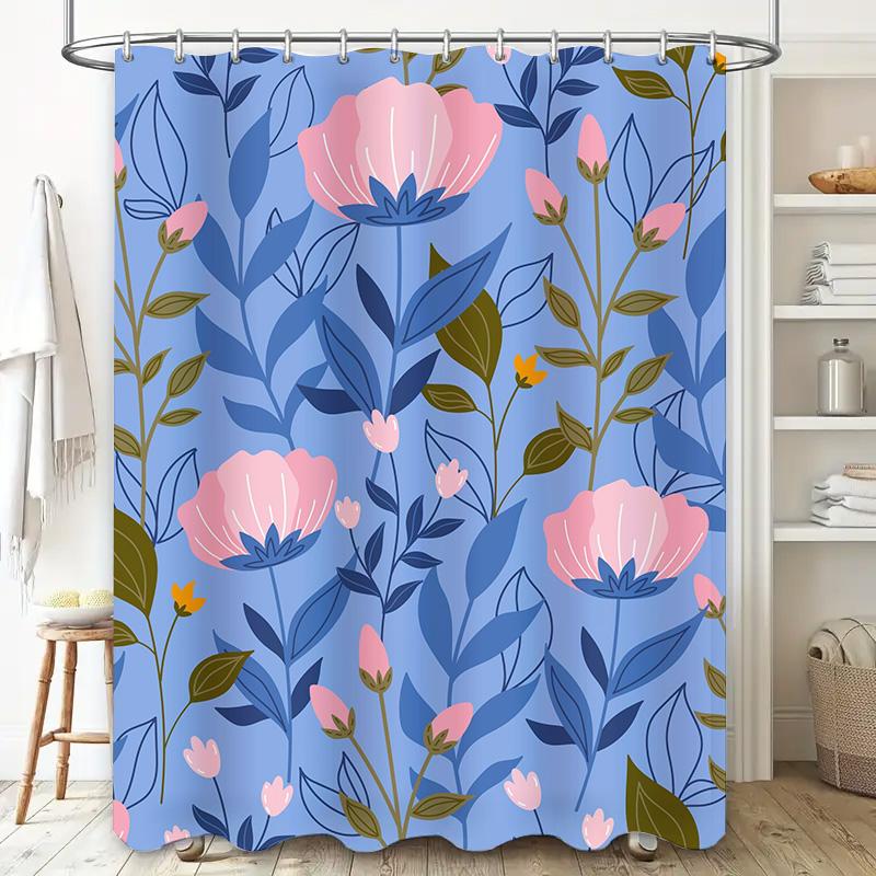 Modern Floral Shower Curtain Soft Pink Blue Leaves Pattern For Bathroom Decor Waterproof Fabric Bath Mat Set (180X180Cm) [Aliexp