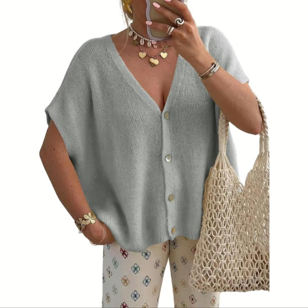 Women New Loose V Neck Short Sleeve Knit Cardigan, Fashion Casual Sweater