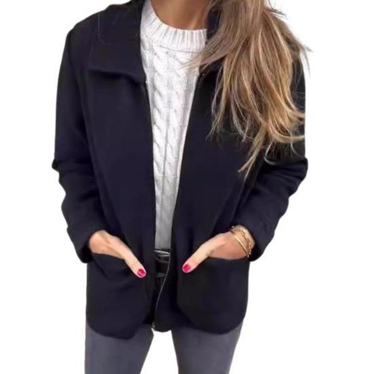 Long Sleeved Women Jacket Turn Down Collar Loose Thermal Coat Solid Color Zipper Closure Pockets Commuting Dating Office Spring Fall Winter