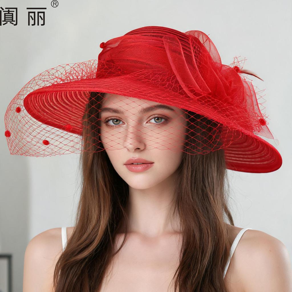 Summer new mesh flower fashion hat women's British retro versatile veil face shade basin hat sun protection hat