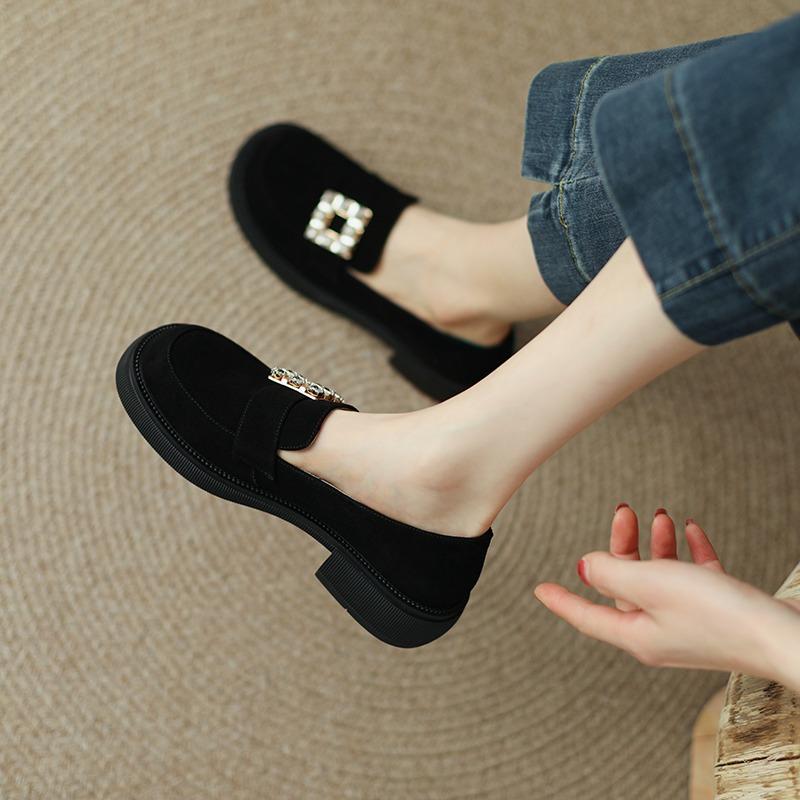 New Solid Color Round Toe Thick Bottom Rhinestone Square Buckle Decorative Women's Shoes Casual and Versatile