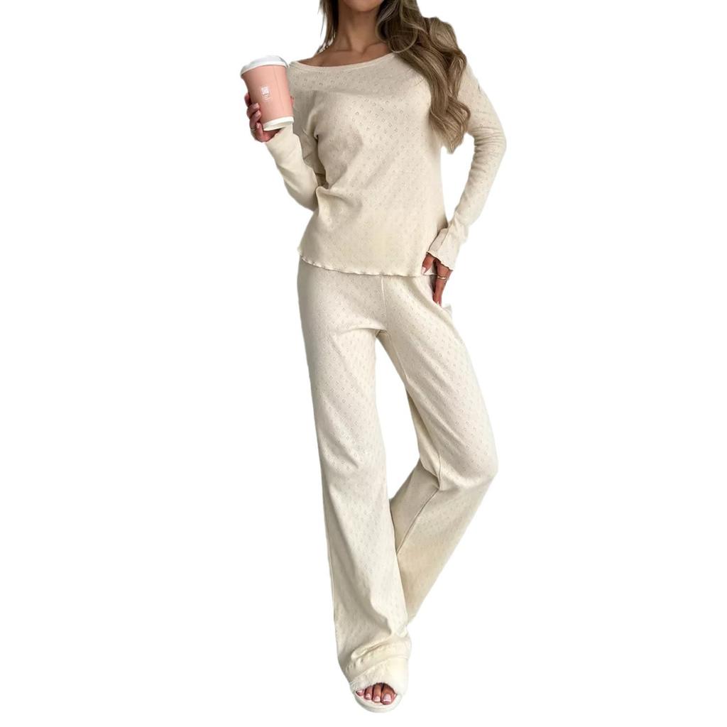 New cotton knitted pajamas set, spring and autumn long-sleeved casual fashion loungewear, exquisite two-piece set