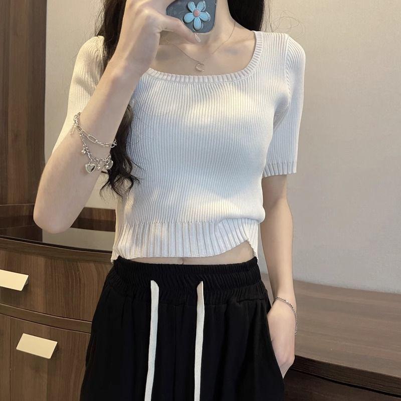 

Women s Plus Size White Short-Sleeve Ice Silk Square Neck Knit Top Small