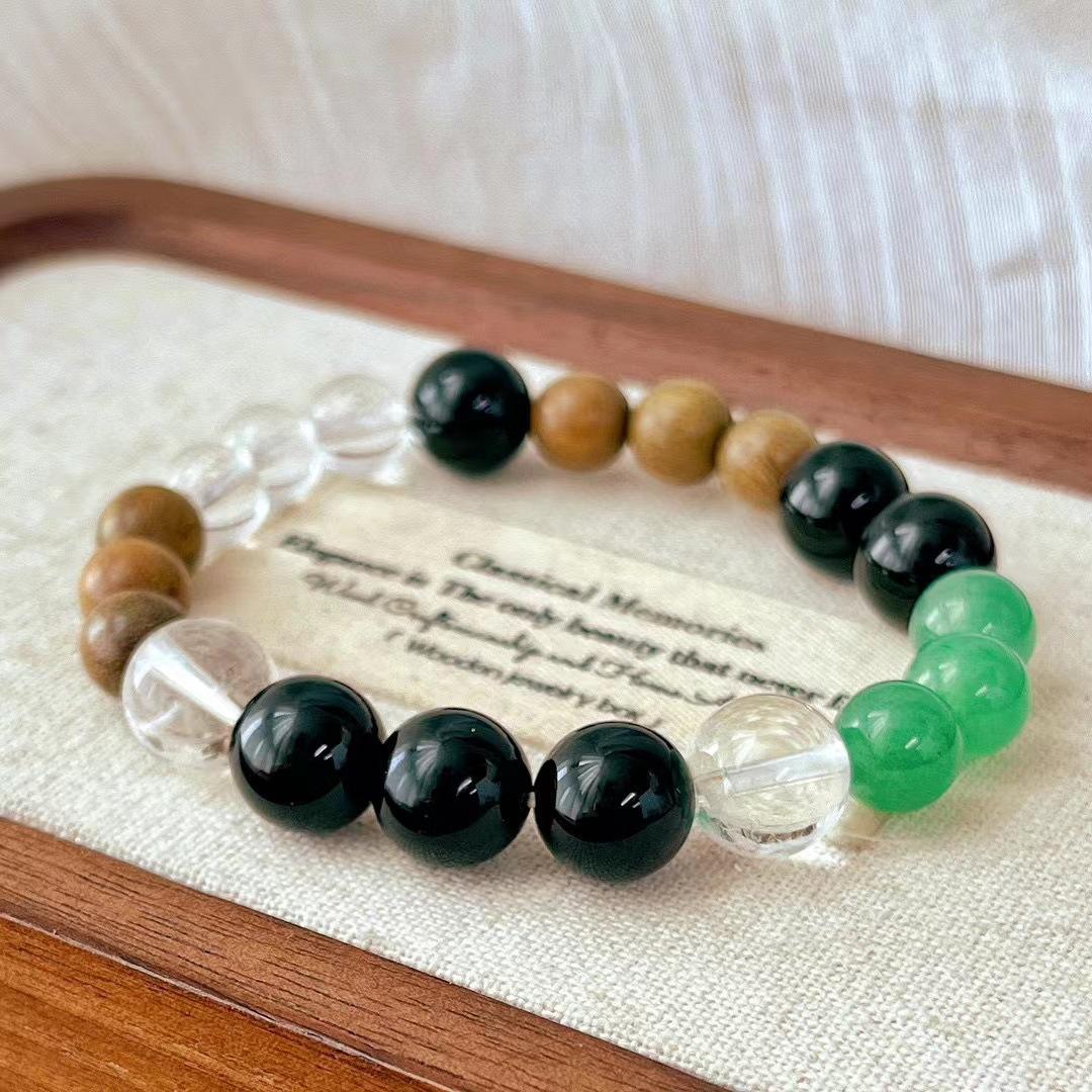 Retro Natural White Crystal Black Agate Dongling Jade Sandalwood Contrasting Color Bracelet Atmosphere Bracelet