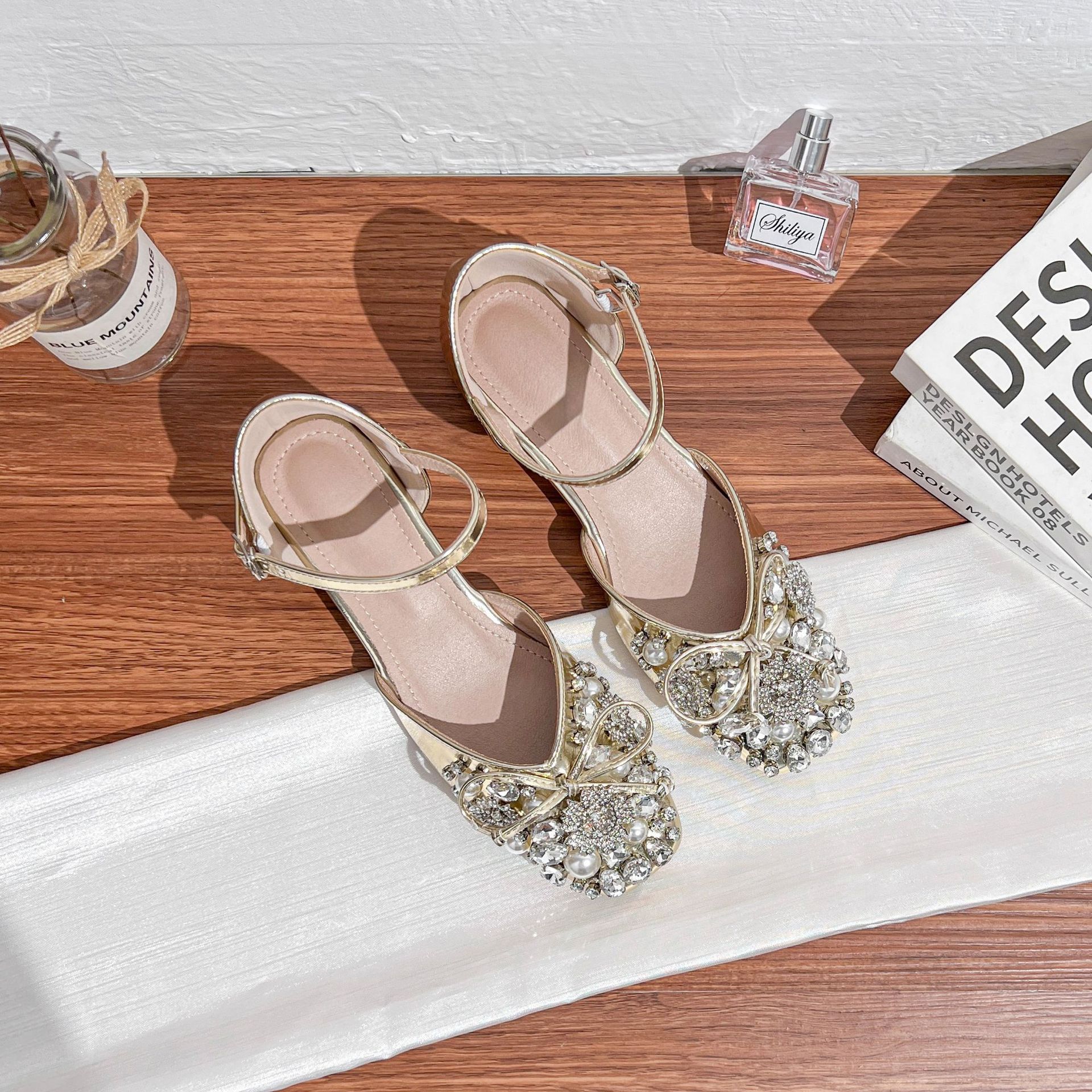 

Rhinestone Baotou Sandals Women s Autumn Versatile Hollow High Heels Not Tired Feet French New Late Evening Wind Single Shoes 34