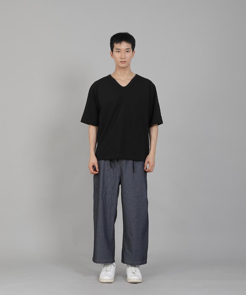 Seinteukeulu Plain V-Neck 16S Cotton Knee-Length Short Sleeve T-Shirt V-8A01 Black