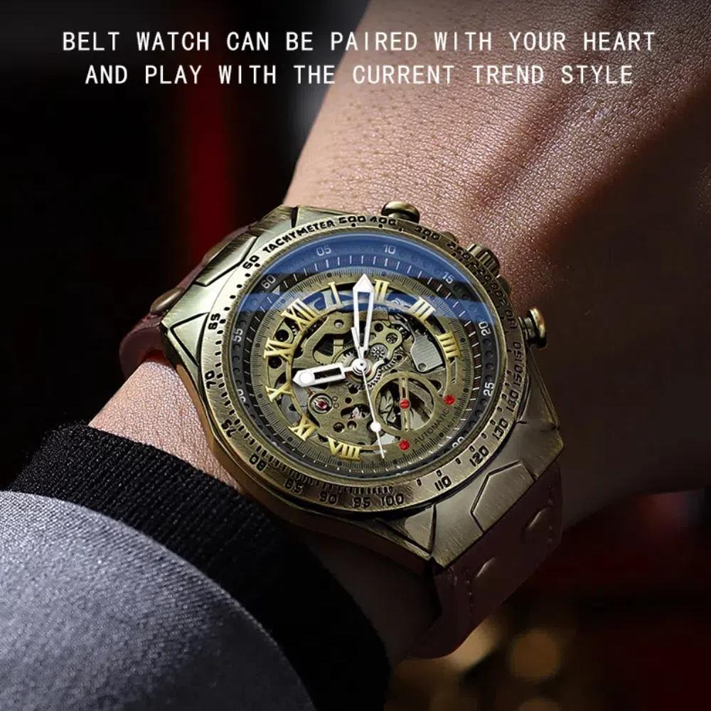 BINBOND Erkekler için Retro İskelet Steampunk Saat, Bronz Bezel, Otomatik Mekanik Saat, Deri Kayış, Su Geçirmez Erkek Kol Saati