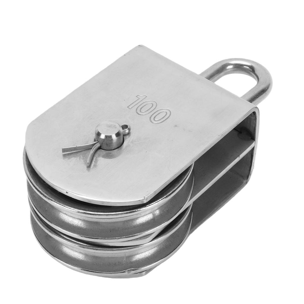 M100 Heavy Duty Double Wheel Rotating Lifting Pulley Block Stainless Steel for 3 8 Inch Rope