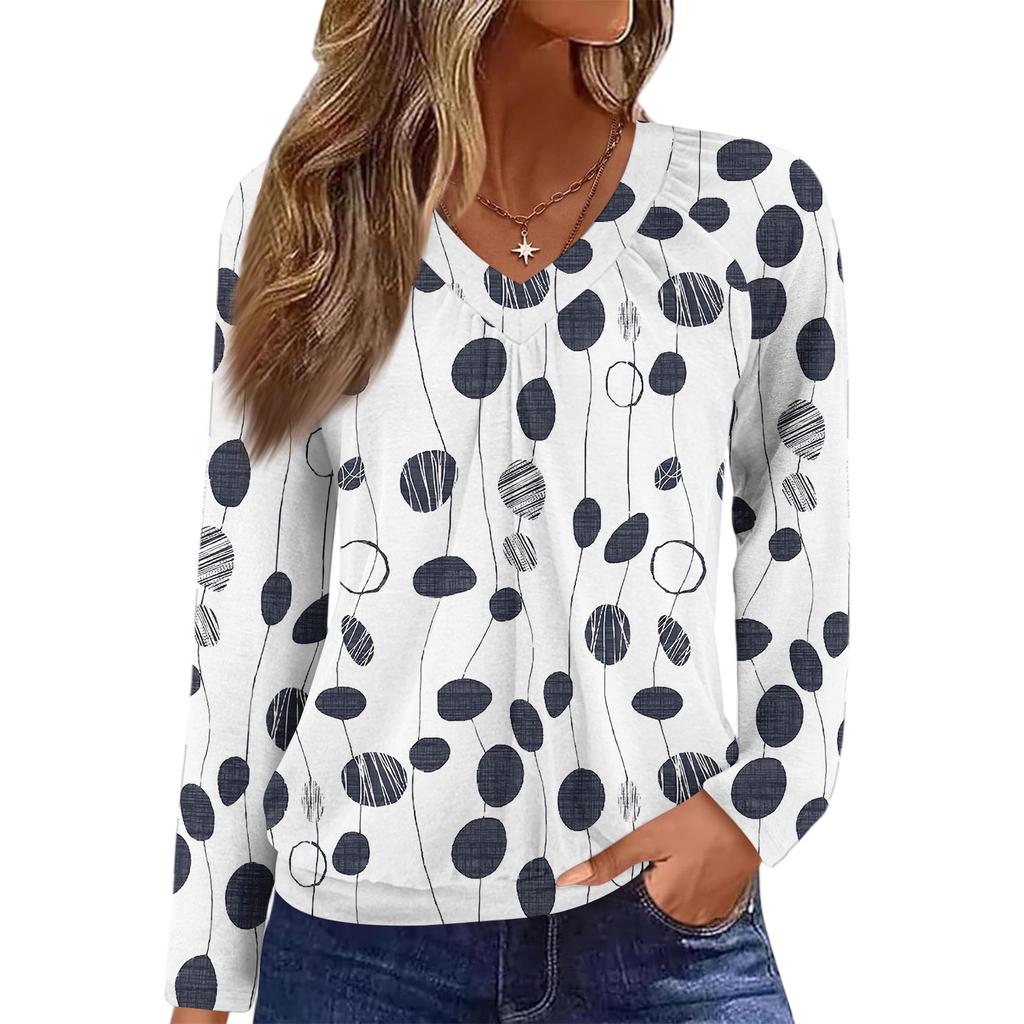 Dámský ležérní módní top s výstřihem do V, raglánovými rukávy, plisováním a květinovým potiskem, s dlouhým rukávem