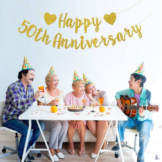Happy 50th Anniversary Banner, 50th Wedding Anniversary, 50th Birthday, 50 Years Loved Party Decorations (Gold Glitter)